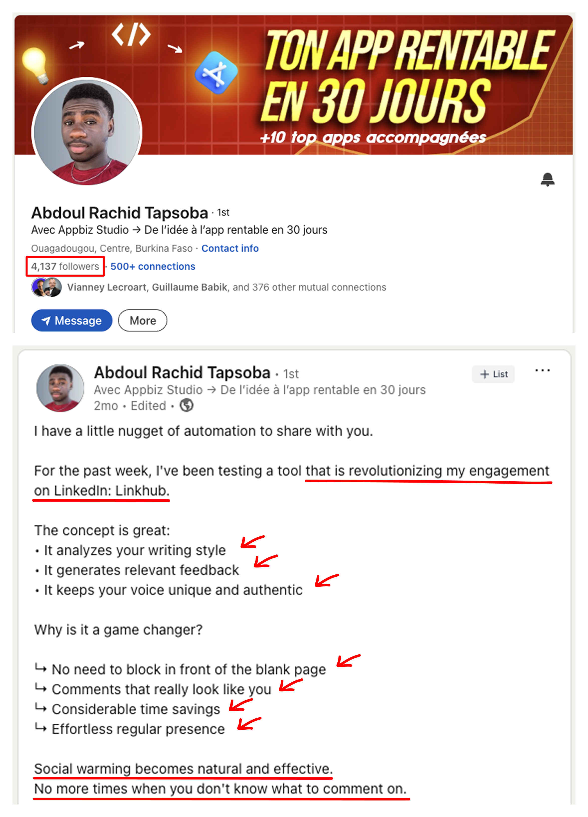 Résultat client LinkHub sur LinkedIn — exemple 1