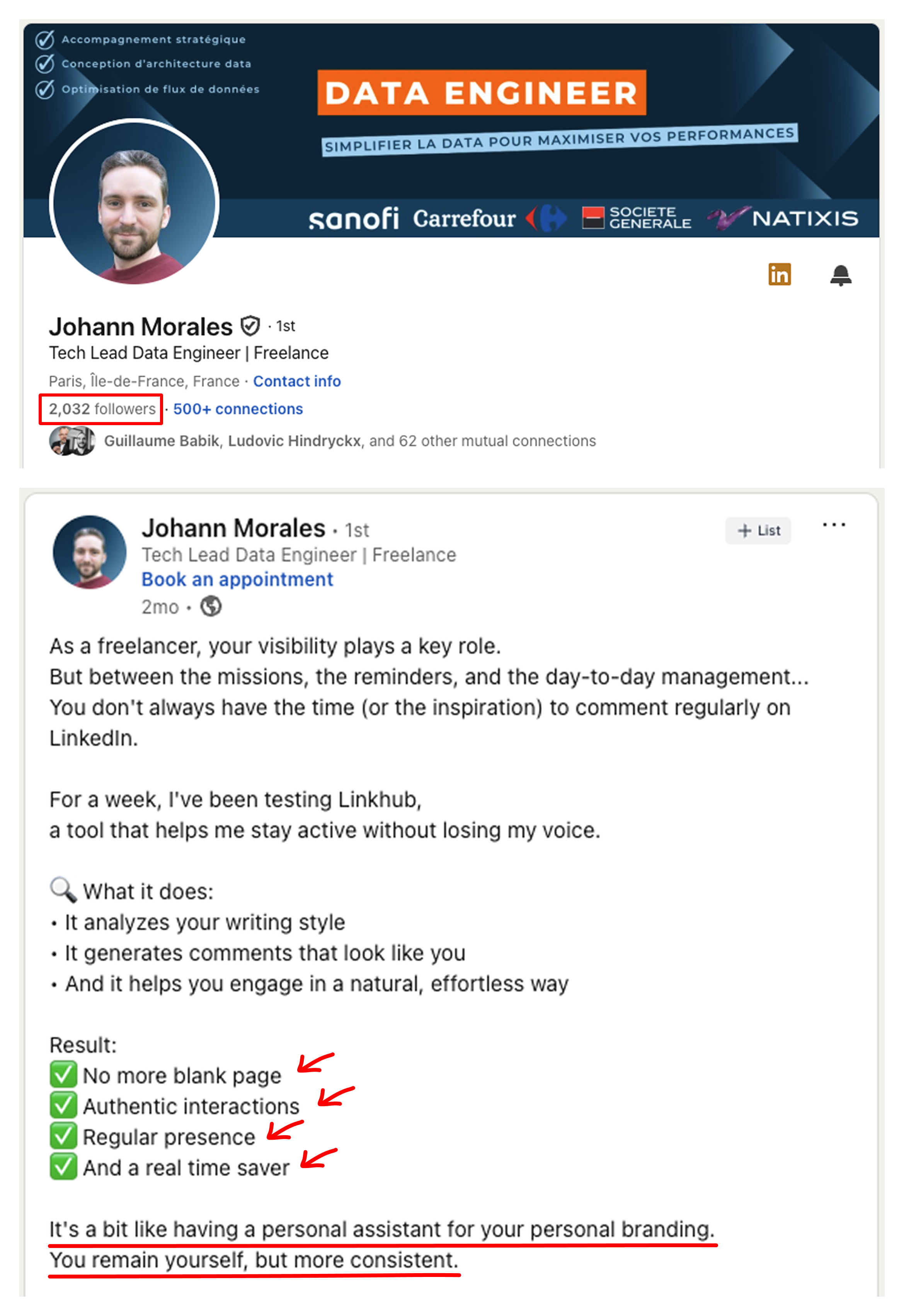 Résultat client LinkHub sur LinkedIn — exemple 4