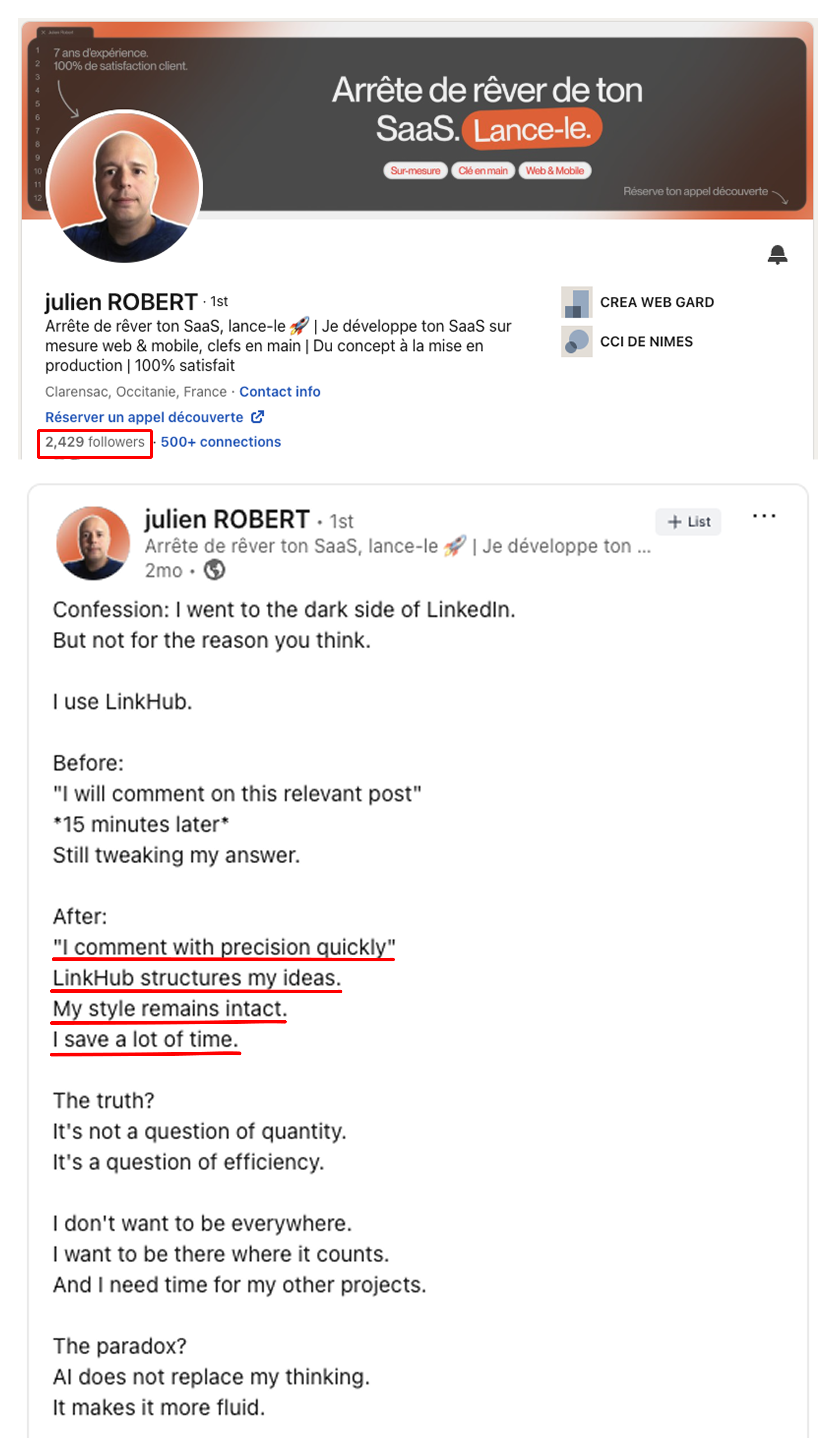 Résultat client LinkHub sur LinkedIn — exemple 5